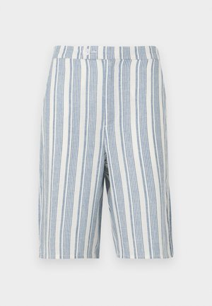 Linstoffshorts med vertikale blå og hvite striper, vanlig midje med knappelukking, og to sidelommer.