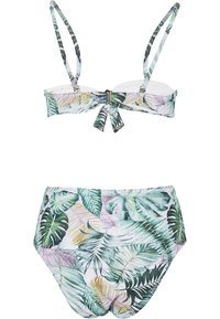 Bikini-set med blommig palmbladstryck i grönt, rosa och gult. Har justerbara axelband, knäppning bak och högmidjade trosor.