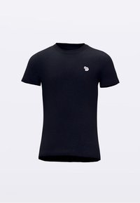 Camiseta negra de manga corta hecha de tela suave, con un pequeño gráfico de elefante multicolor en la zona del pecho izquierdo. Textura suave.