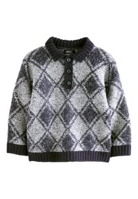 Jersey de punto en gris y negro, con un patrón de diamantes, cuello de canalé y tapeta con botones. Textura suave con mangas largas.