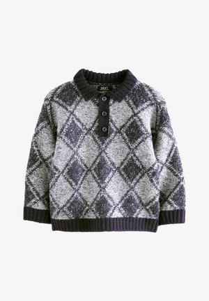Sweter dziergany w kolorze szarym i czarnym, z wzorem w diamenty, żebrowanym kołnierzem i plisą na guziki. Miękka faktura z długimi rękawami.