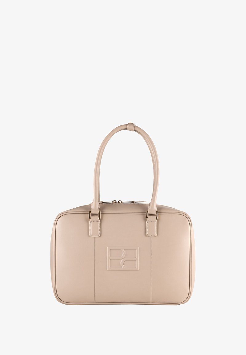 Beige leather tote bag with two rounded handles, zip closure, embossed logo on front, smooth texture, and minimalistic design.