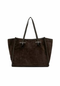 Sac fourre-tout en suède marron foncé avec double anses et garniture en cuir, présentant des nœuds fixant les anses au corps du sac.