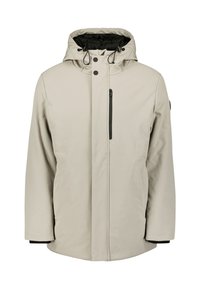 Licht beige waterdichte jas met capuchon, frontale rits en zwarte accenten. Beschikt over zijzakken en een minimalistisch ontwerp.