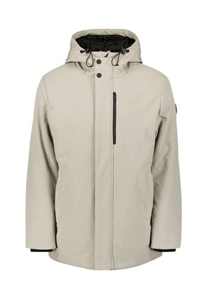 Veste imperméable beige clair avec capuche, zip frontal et accents noirs. Présente des poches latérales et un design minimaliste.