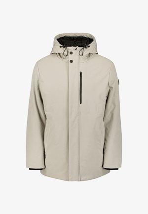 Licht beige waterdichte jas met capuchon, frontale rits en zwarte accenten. Beschikt over zijzakken en een minimalistisch ontwerp.