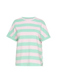 Let mikrovejer T-shirt i bomuld med vandrette striber i mintgrøn og lys pink, rund halsudskæring og korte ærmer med opkrøllede manchetter.