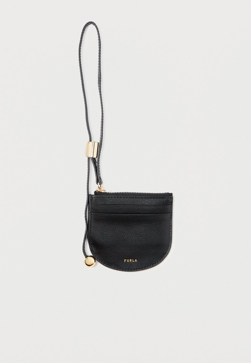 Black leather card holder with a textured finish, featuring a zip closure, gold hardware, and a detachable strap for carrying.