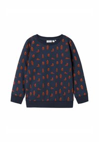 Granatowy sweatshirt z okrągłym dekoltem, zdobiony powtarzającym się wzorem czerwono-brązowych niedźwiedzi. Rybkowie rękawy i dół, miękka tekstura materiału.