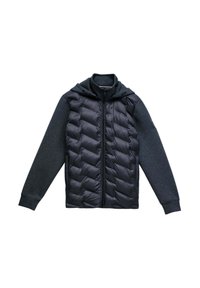 Doudoune rembourrée avec un devant en nylon noir et un dos et des manches en tissu gris. Elle dispose d'une fermeture éclair et d'une capuche, avec de subtils accents de couture.