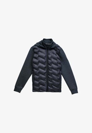 Gefütterte Jacke mit einem schwarzen Nylon-Front und einem grauen Stoffrücken sowie Ärmeln. Sie verfügt über einen Reißverschluss und eine Kapuze, mit dezenten Nähakzenten.