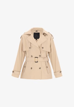 Beżowy płaszcz trencz z podwójnym rzędem guzików, paskiem ze złotą klamrą, pagonami na ramionach i szerokim kołnierzem. Gładka tkanina, długość do kolan.
