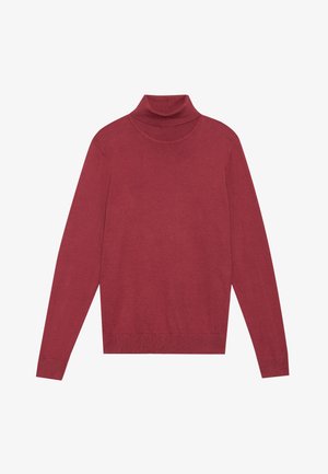 Rode coltrui gemaakt van zachte breimateriaal. Heeft lange mouwen en een aansluitend ontwerp. Gladde textuur zonder zichtbare patronen of hardware.