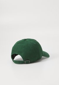 Casquette de baseball verte vue de l'arrière, avec une sangle ajustable et des détails de couture subtils sur un fond blanc uni.