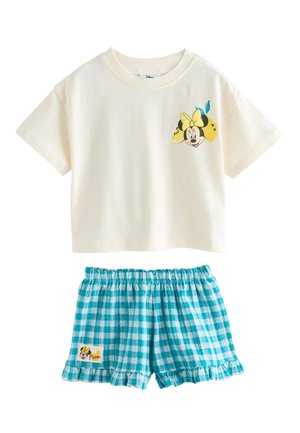 Kremet kortærmet top med gul Minnie Mouse-ansigt og blåternet shorts med flæsekant og Minnie-patch.
