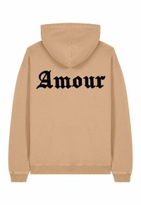 Felpa con cappuccio beige a maniche lunghe, con la scritta nera "Amour" sulla parte posteriore, polsini e orlo a costine. Tessuto morbido.