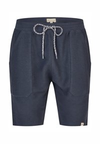 Námořnické modré šortky s texturovanou tkaninou. Mají stahovací pas a šikmé boční kapsy. Malá nášivka na spodním lemu.