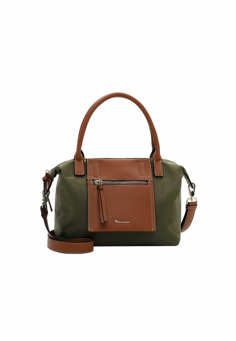 Olivegrüne Handtasche mit braunen Lederelementen, doppelten Griffen, abnehmbarem Schultergurt, Reißverschlusstasche auf der Vorderseite und kontrastierenden Nähten.
