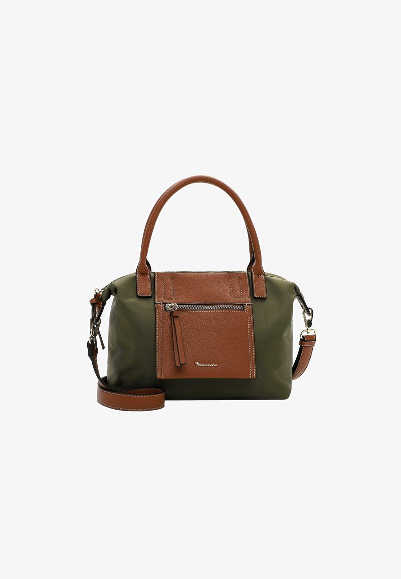 Sac à main vert olive avec des accents en cuir marron, double poignées, bandoulière amovible, poche avant zippée et coutures contrastées.