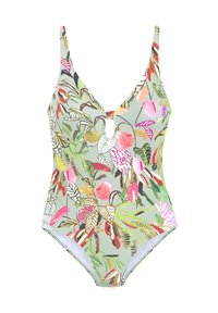 Costume intero di colore verde chiaro con un motivo floreale che presenta fiori rosa e arancioni. Spalline regolabili e dettaglio a taglio a chiave.