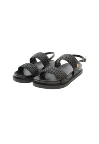 Černé sandály s tkanými popruhy, otevřenou špičkou a mírným podpatkem. Nastavitelný kotníkový pásek se zlatým kováním. Hladká, plochá podrážka.