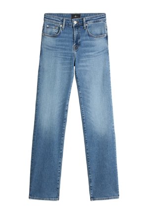 Jeans in denim blu chiaro con design a gamba dritta, cinque tasche e lievi sbiadimenti. Presenta una vita classica e una chiusura con zip.