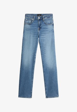 Lyseblå denimjeans med lige ben-design, fem lommer og let falmning. Har en klassisk talje og lynlås.