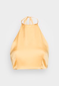 Top cropped em cetim suave, na cor amarela vibrante, com uma drapeado elegante e fecho nas costas com laço. Textura suave e design ajustado.