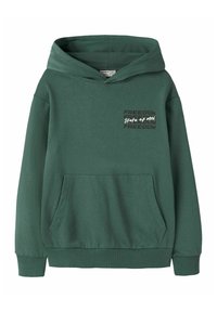 Hoodie vert avec une poche kangourou, des poignets et un ourlet côtelés. Le design à l'avant comprend le texte "LIBERTÉ" et "État d'esprit" dans des couleurs contrastées.