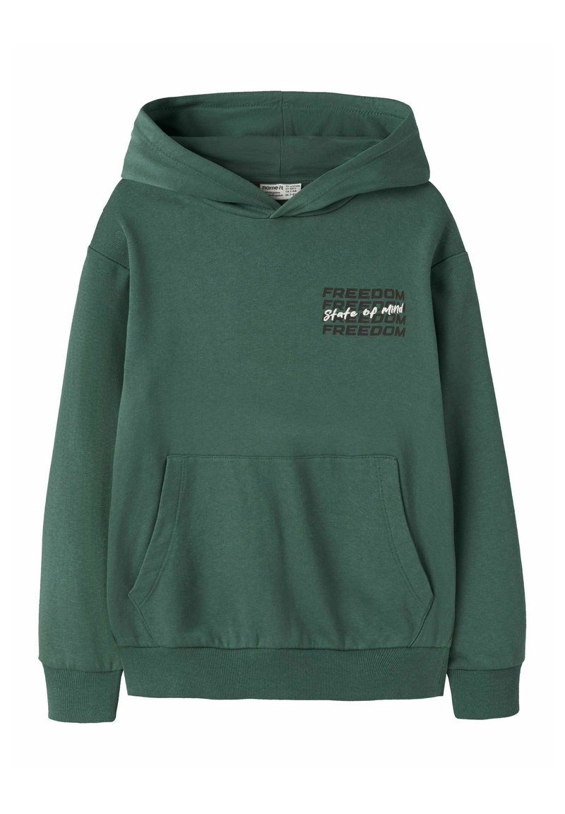 Hoodie vert avec une poche kangourou, des poignets et un ourlet côtelés. Le design à l'avant comprend le texte "LIBERTÉ" et "État d'esprit" dans des couleurs contrastées.