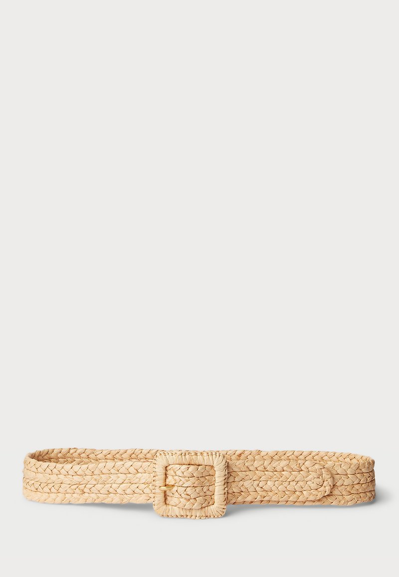 Cinto de palha natural trançada em bege claro, com fivela quadrada e textura trançada. Design plano, adequado para uso casual.