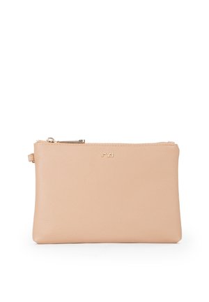 Piccola pochette rettangolare beige in pelle con zip dorata e piccolo logo dorato centrato vicino alla parte superiore.