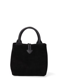 Zwarte suède handtas met leren accenten, twee afgeronde handvatten en een decoratieve leren sluiting. Compacte vierkante vorm met een zachte textuur.