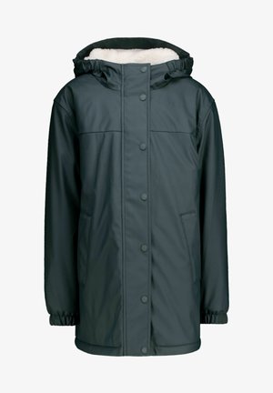 Veste imperméable vert foncé avec une douce doublure en polaire beige. Comprend une capuche, des boutons-pression et deux poches latérales avec des poignets élastiques.