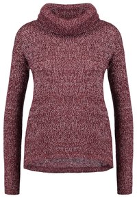 Pull en maille bordeaux avec un col roulé haut. Manches longues et coupe décontractée. Tissu texturé avec un motif subtil. L'ourlet tombe juste en dessous de la taille.
