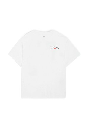 T-shirt bianco in cotone con maniche corte, scollatura rotonda e una piccola grafica con la scritta "LA VILLE LUMIÈRE" in nero e rosso sulla parte superiore della schiena.
