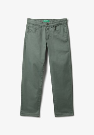 Zielone spodnie proste z przednimi kieszeniami, szlufkami na pasek i zapięciem na guzik, oznaczone marką United Colors of Benetton.