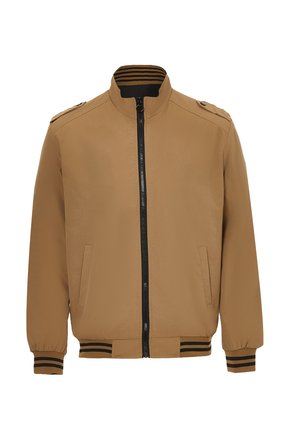 Braune Bomberjacke mit Reißverschluss, gerippten Bündchen und Kragen. Verfügt über Seitentaschen und schwarze Streifenakzente am Saum und an den Bündchen.