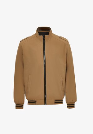 Braune Bomberjacke mit Reißverschluss, gerippten Bündchen und Kragen. Verfügt über Seitentaschen und schwarze Streifenakzente am Saum und an den Bündchen.