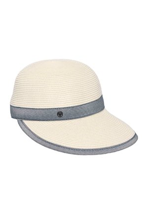 Light beige woven sun hat with a wide, curved brim edged and banded in blue-gray fabric, featuring a small round metal emblem on the band.