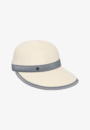 Light beige woven sun hat with a wide, curved brim edged and banded in blue-gray fabric, featuring a small round metal emblem on the band.