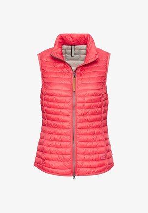 Padded sleeveless vest in bright coral, featuring a high collar, front zipper, and a smooth, quilted texture. Lining in light gray.