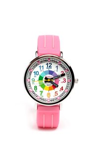 Montre à quartz avec un cadran rond, fond blanc et marqueurs d'heure multicolores. Bracelets en caoutchouc rose avec surface texturée et accents argentés.