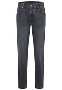 Jeans in denim grigio scuro con vestibilità dritta, design a cinque tasche, chiusura con bottone e zip, e una texture sottile. Nessun motivo o decorazione visibile.