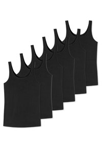 Six débardeurs noirs en coton, présentant un design sans manches, un col rond et une texture lisse, disposés en ligne.