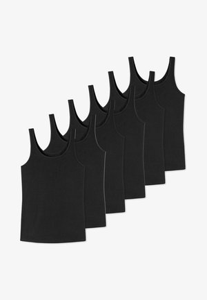 Sei canottiere nere in cotone, con design senza maniche, scollatura rotonda e una texture liscia, disposte in fila.
