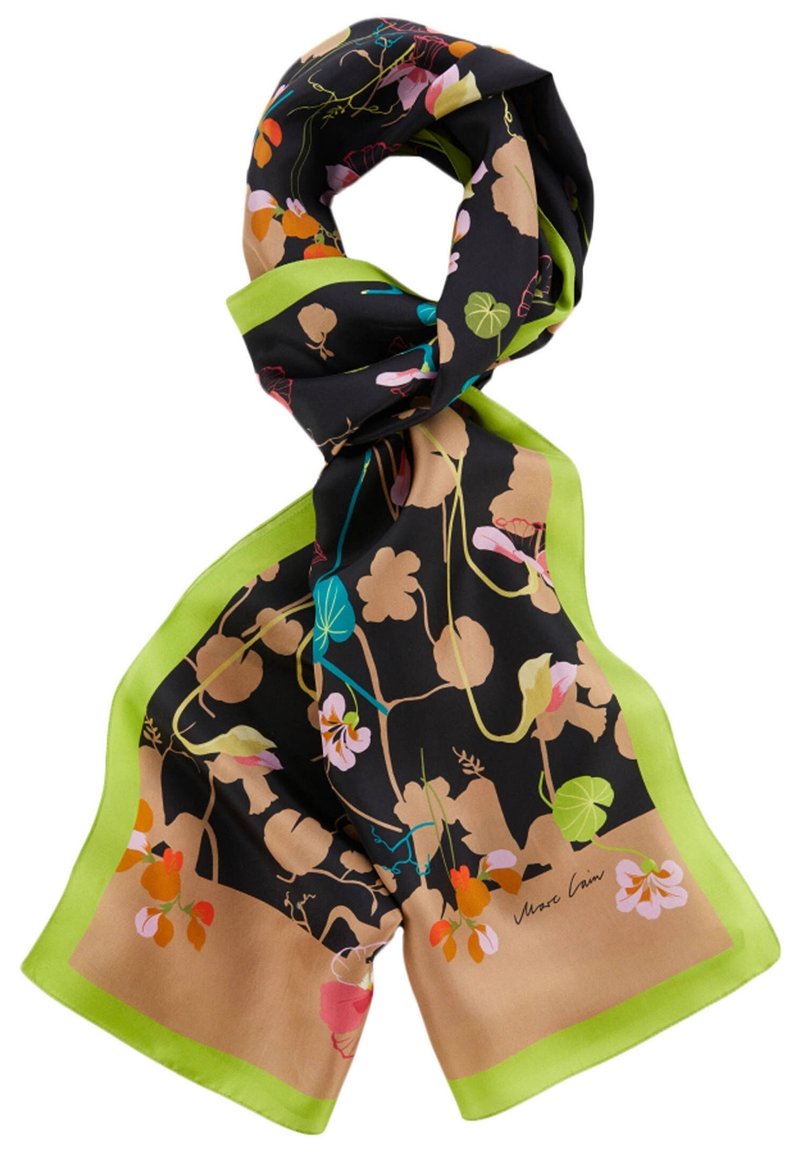 Foulard en soie avec un fond noir orné de motifs floraux rose, orange et vert, bordé d'un accent vert vif.