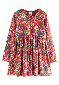 Rode jurk met lange mouwen en een geraffineerde rok, met een kleurrijke feestelijke print van peperkoek, de Kerstman en kerstversieringen.