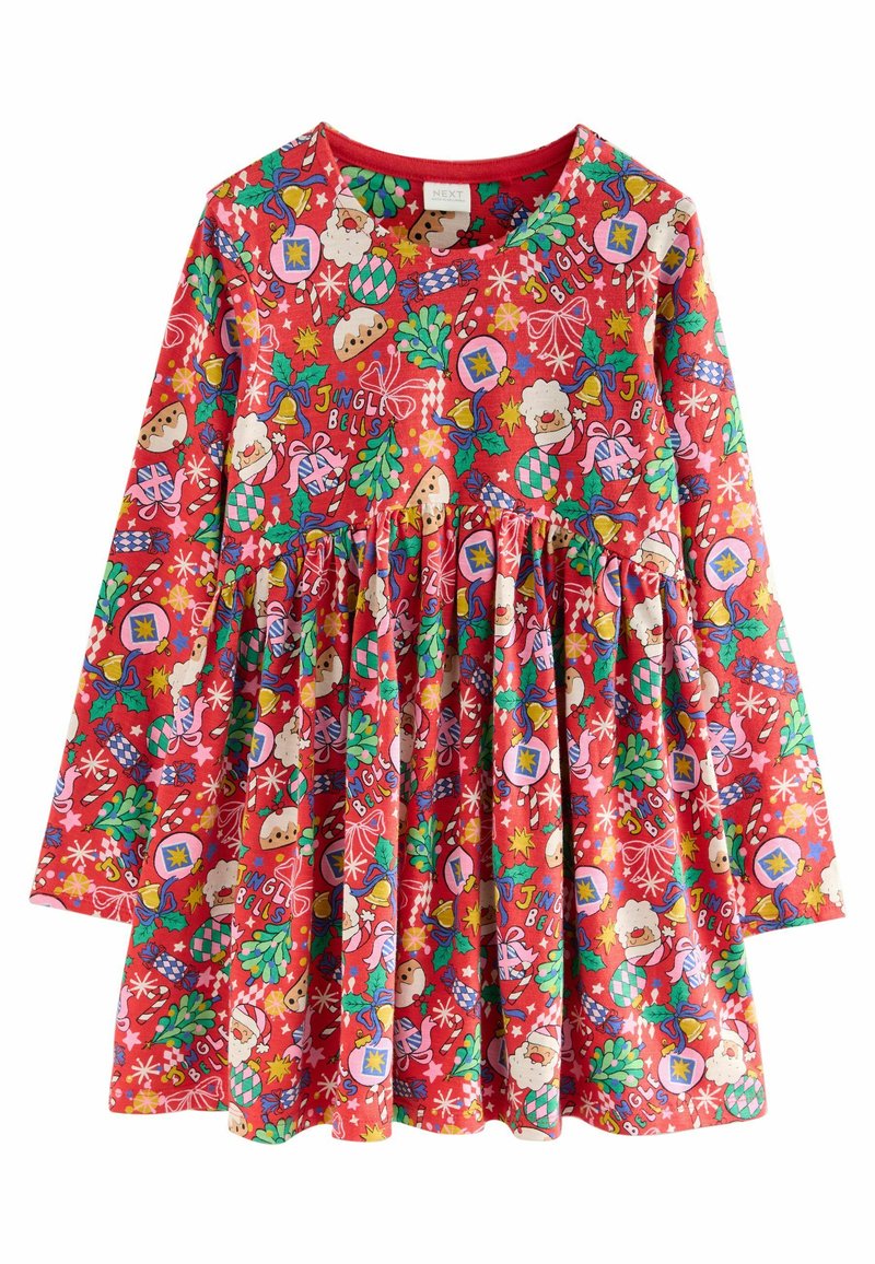 Rode jurk met lange mouwen en een geraffineerde rok, met een kleurrijke feestelijke print van peperkoek, de Kerstman en kerstversieringen.