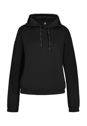 Felpa nera a maniche lunghe con cappuccio con coulisse e polsini e orlo elasticizzati, mostrata su sfondo bianco.
